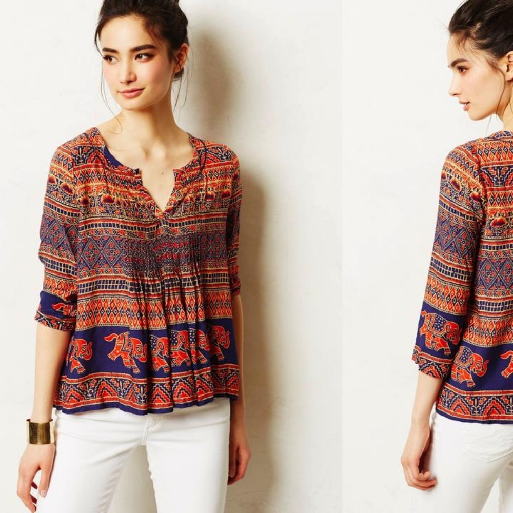 Anthropologie Orange and Blue Elephant Blouse 8